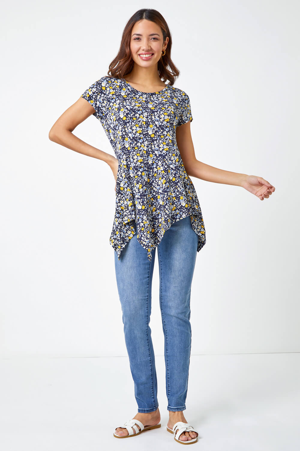 Yellow Floral Hanky Hem Stretch Tunic Top , Image 2 of 5