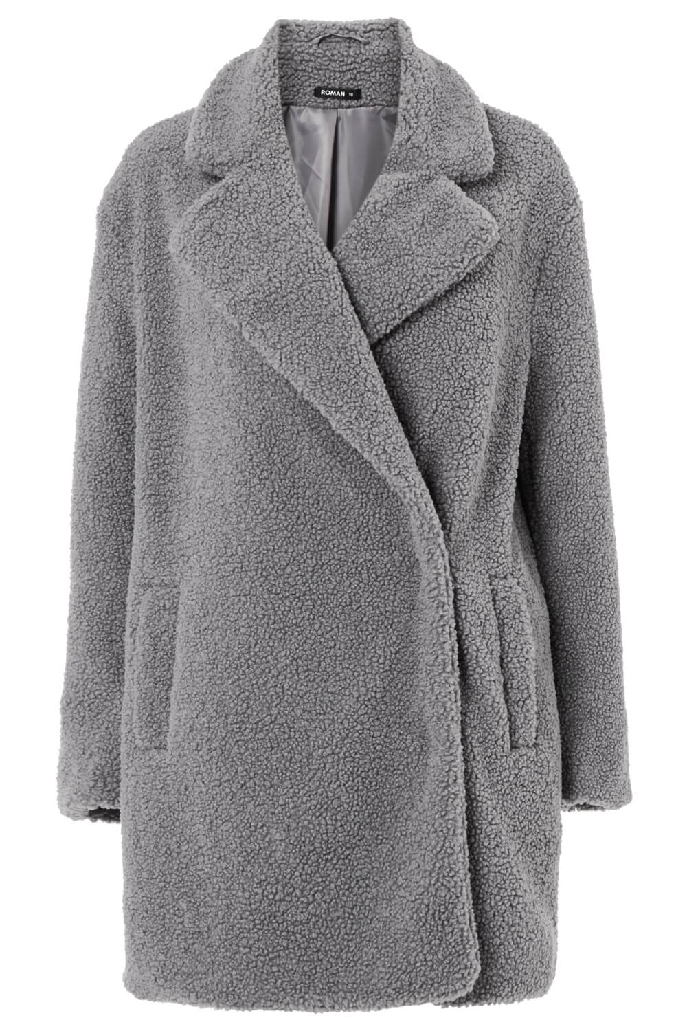 Longline Soft Faux Fur Teddy Coat in Grey - Roman Originals UK