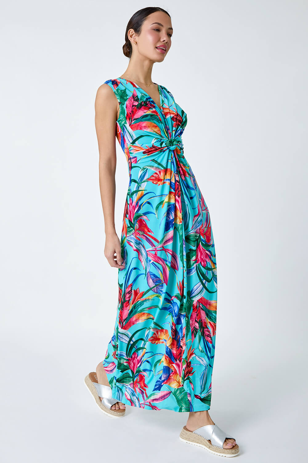 Turquoise Tropical Twist Detail Stretch Maxi Dress | Roman UK