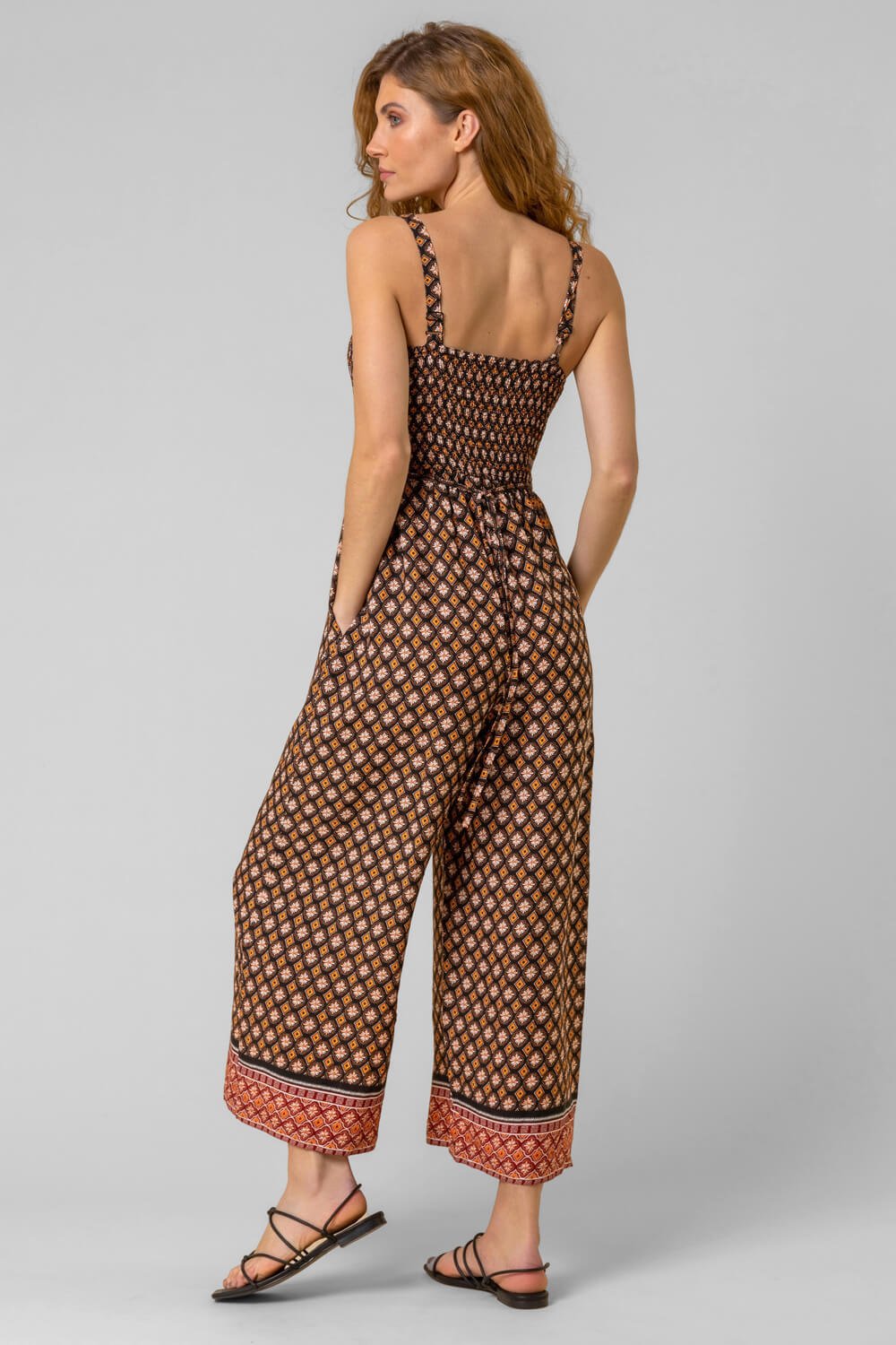 Brown Contrast Geo Print Belted Jumpsuit, Image 2 of 5