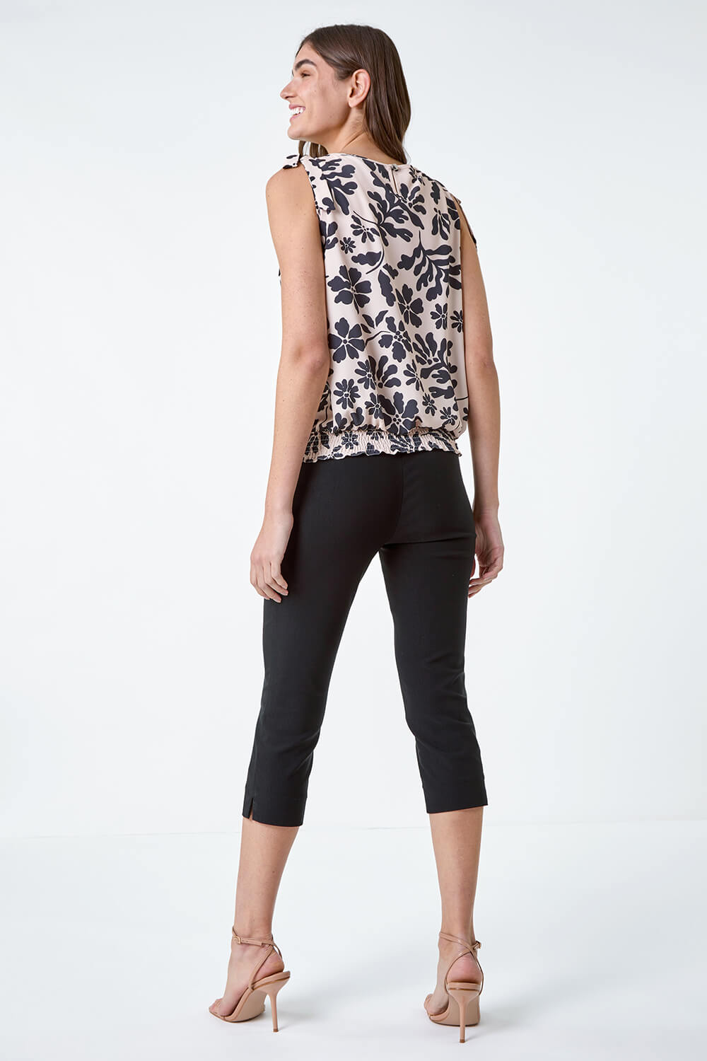 Black Bow Detail Floral Shirred Top, Image 3 of 5