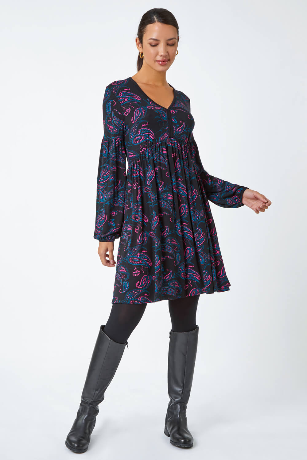 Black Paisley Print Stretch Jersey Dress, Image 2 of 5