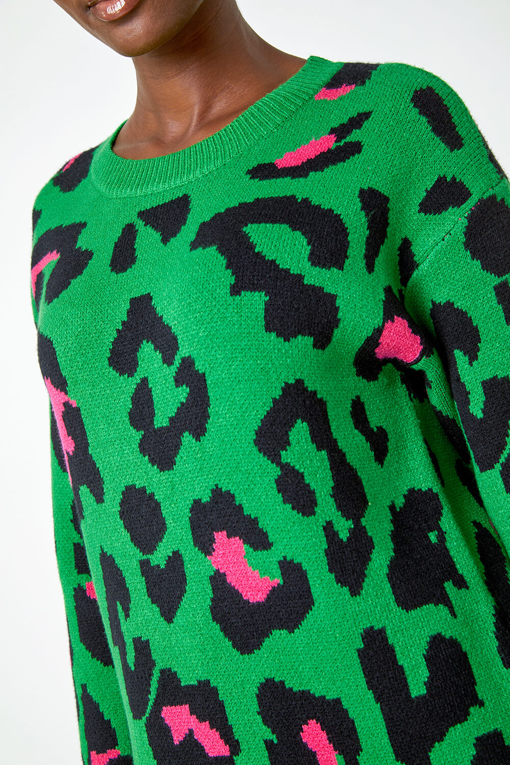 Green Leopard Print Knitted Jumper Dress, Image 5 of 5