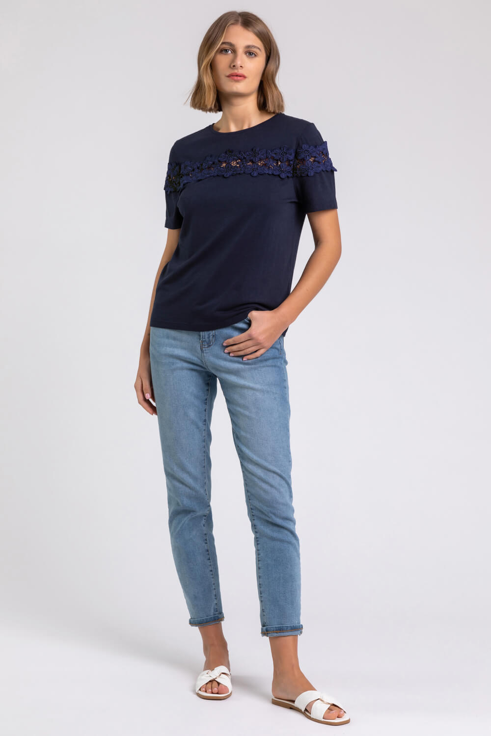 Navy  Lace Detail Jersey T-Shirt, Image 3 of 5