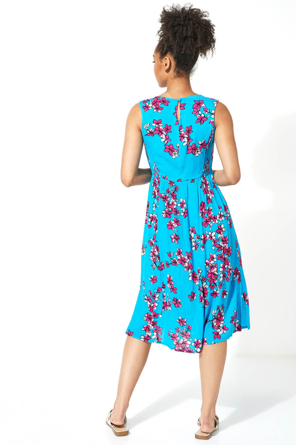 Blue Crinkle Floral Print Midi Dress, Image 2 of 4