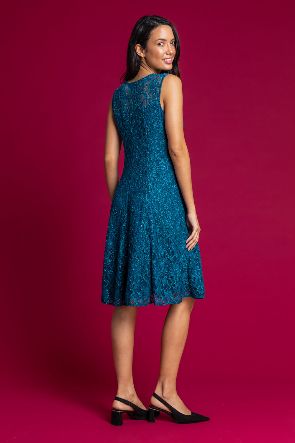 Teal Glitter Lace Fit And Flare Dress, Image 2 of 4