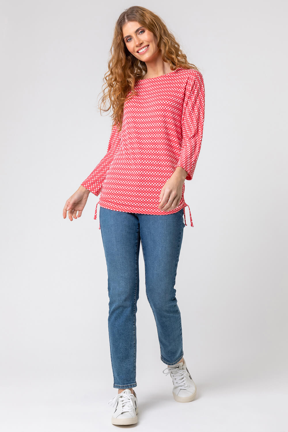 Red Textured Spot Print Stretch Top, Image 3 of 4