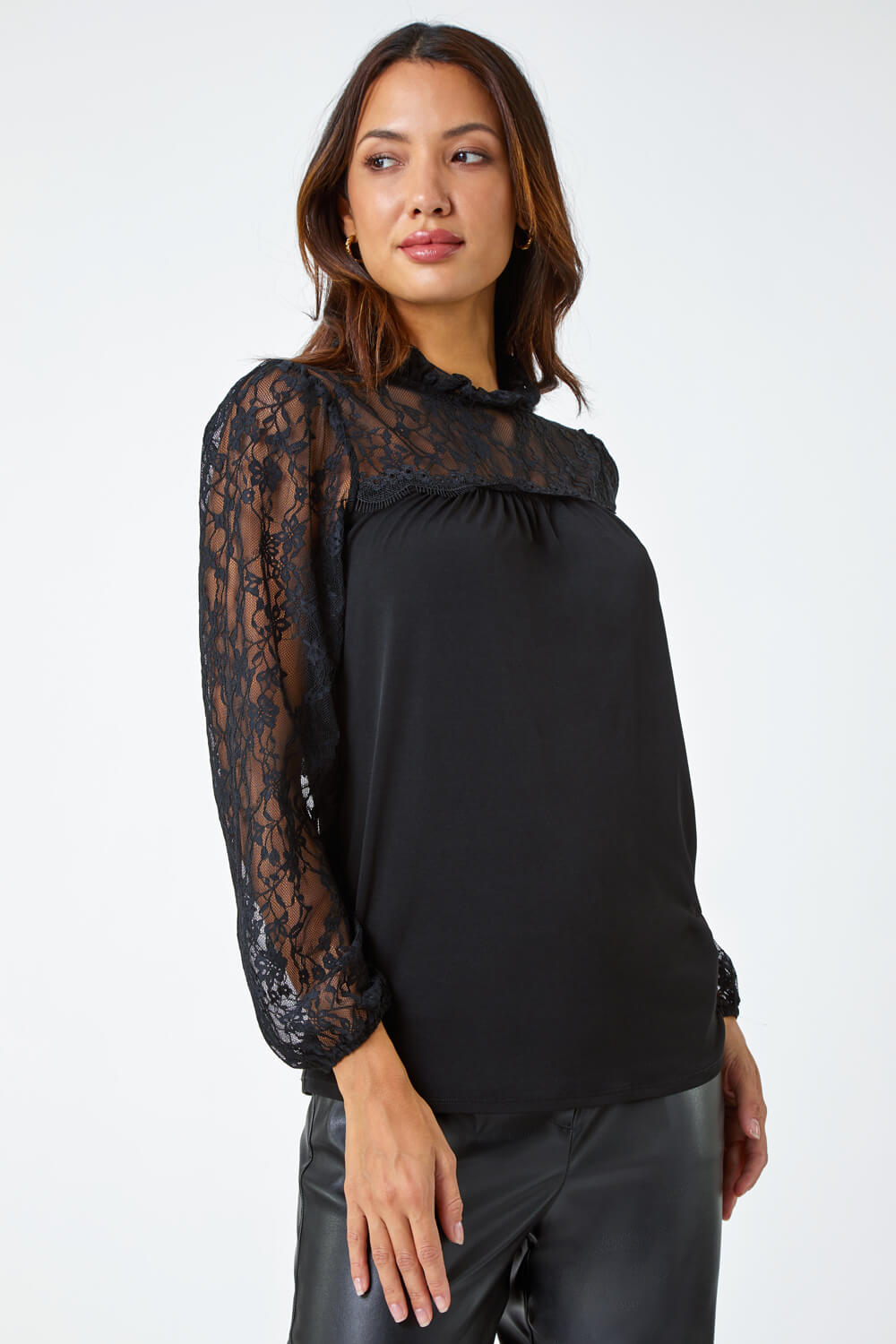 Black Lace Detail High Neck Stretch Top, Image 2 of 5