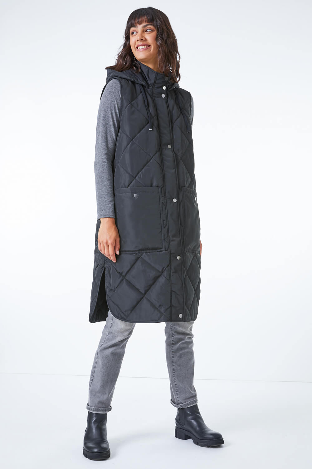 Black Quilted Longline Hooded Gilet , Image 1 of 6
