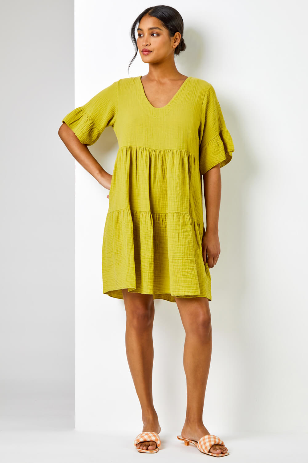 Pea Green Textured Tiered Smock Dress, Image 3 of 5