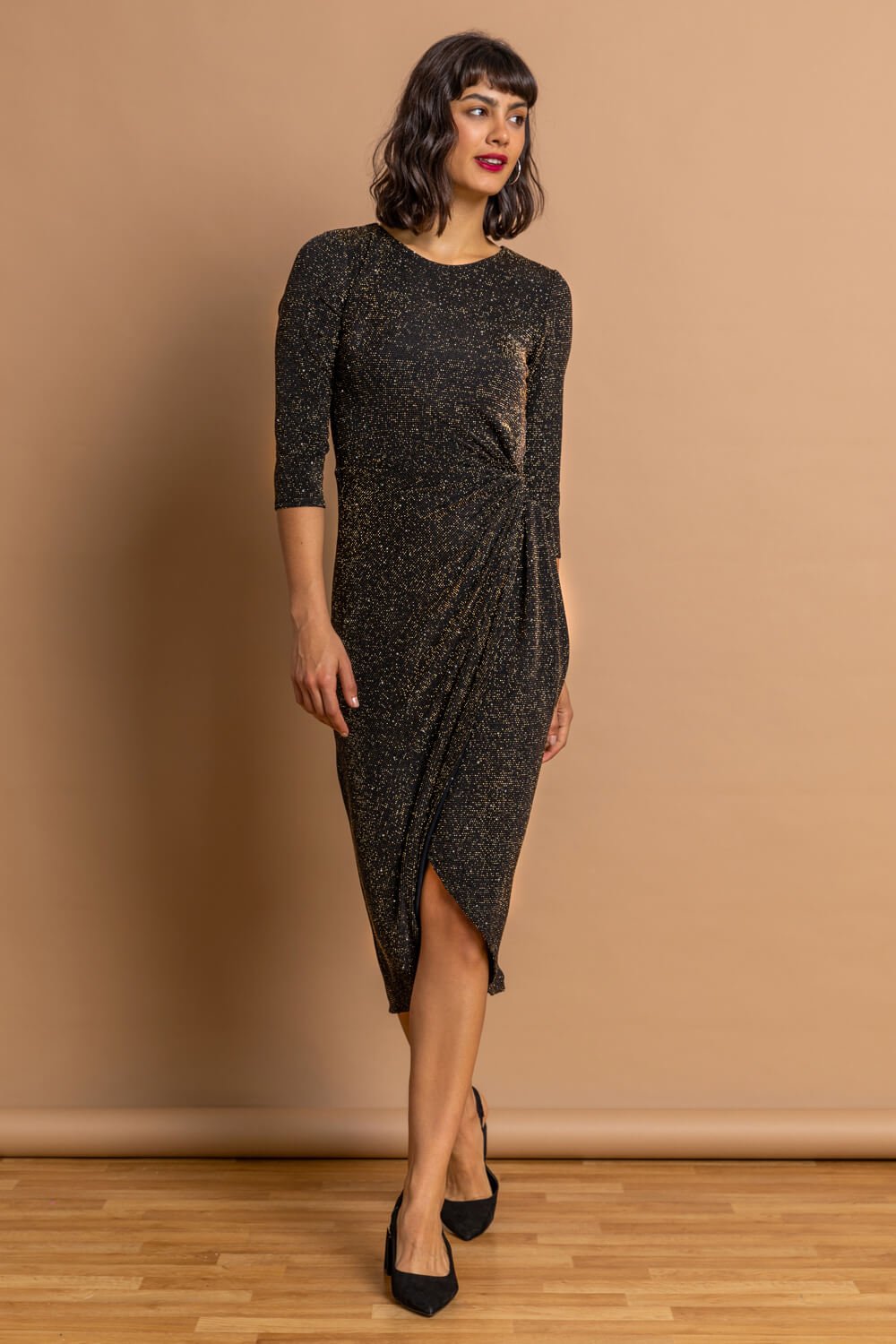 Gold Fitted Sparkle Twist Front Ruched  Dress, Image 3 of 5