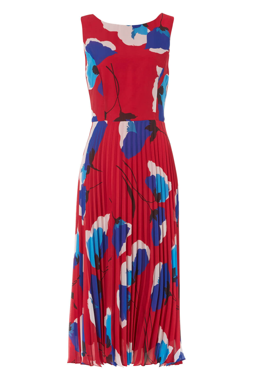 Red Floral Pleated Fit and Flare Midi Dress, Image 5 of 5