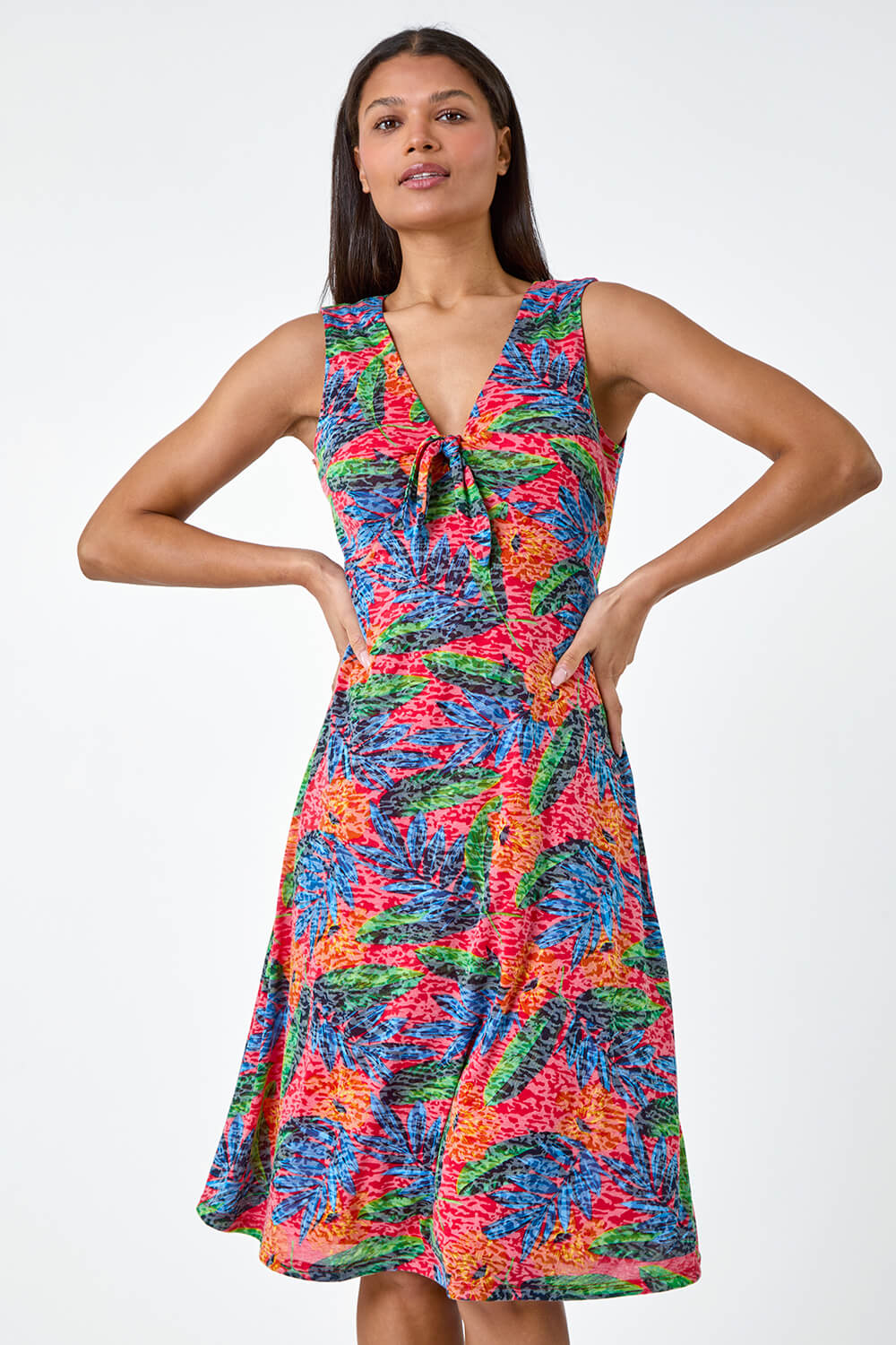 Red Burnout Tropical Print Stretch Dress, Image 2 of 5