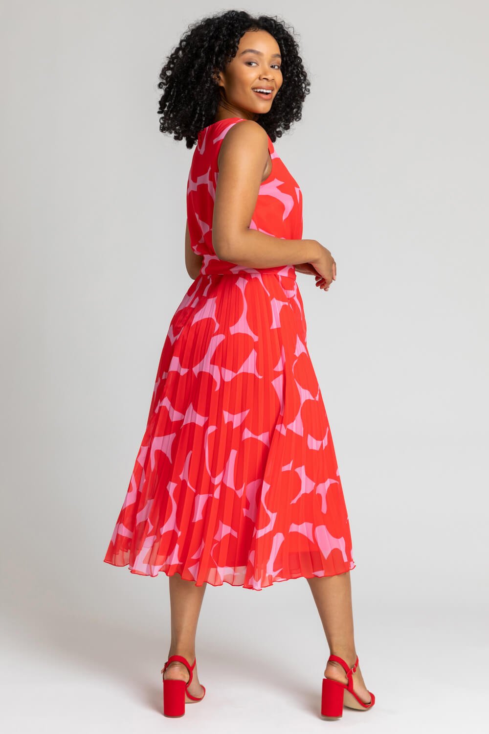 Red Petite Abstract Pleated Chiffon Midi Dress, Image 2 of 5