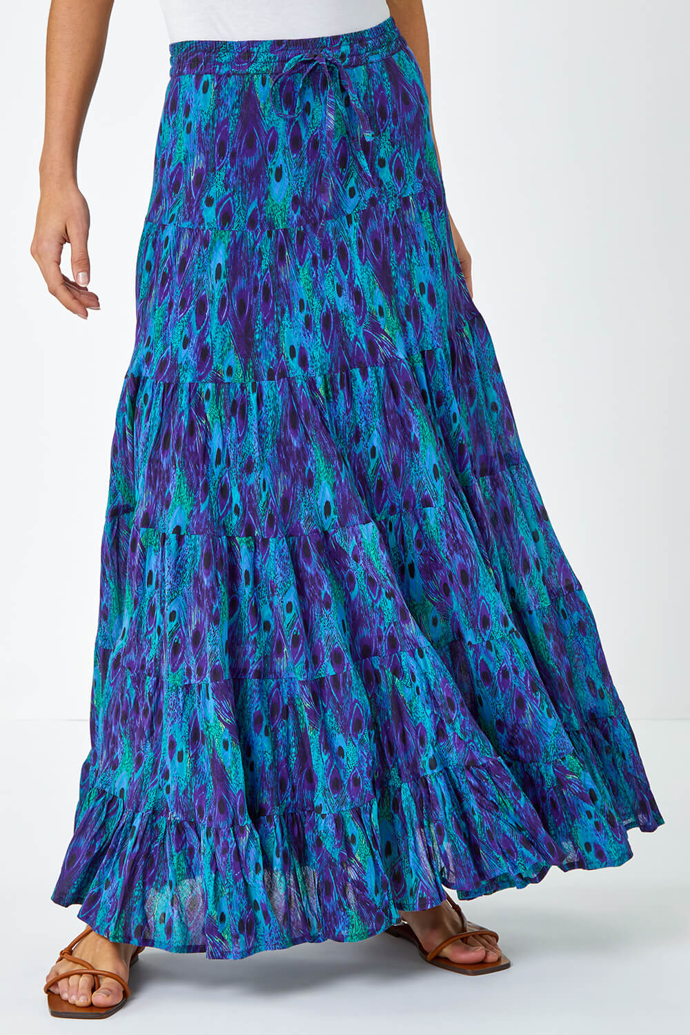 Blue Feather Print Tiered Cotton Maxi Skirt, Image 5 of 6