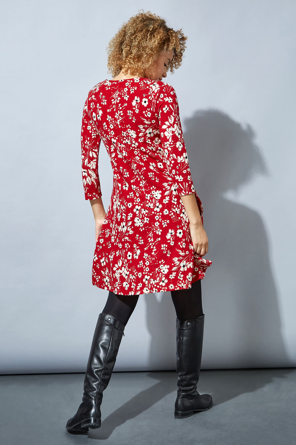 Red Floral Print Swing Dress, Image 3 of 4