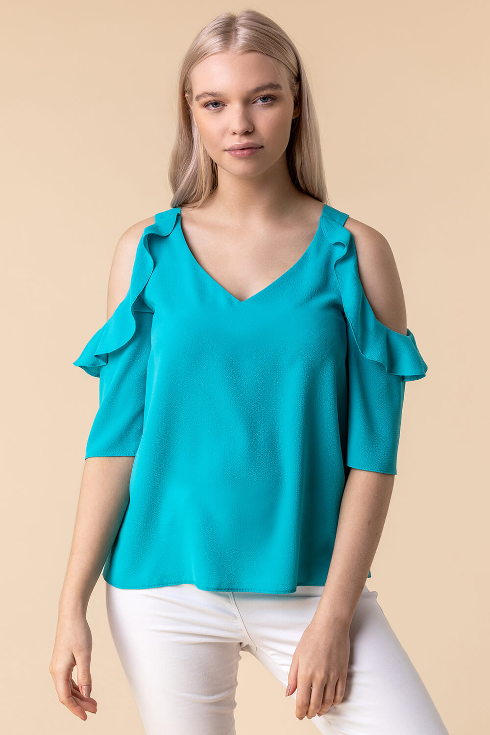 Turquoise Frill Sleeve Cold Shoulder Top, Image 4 of 4