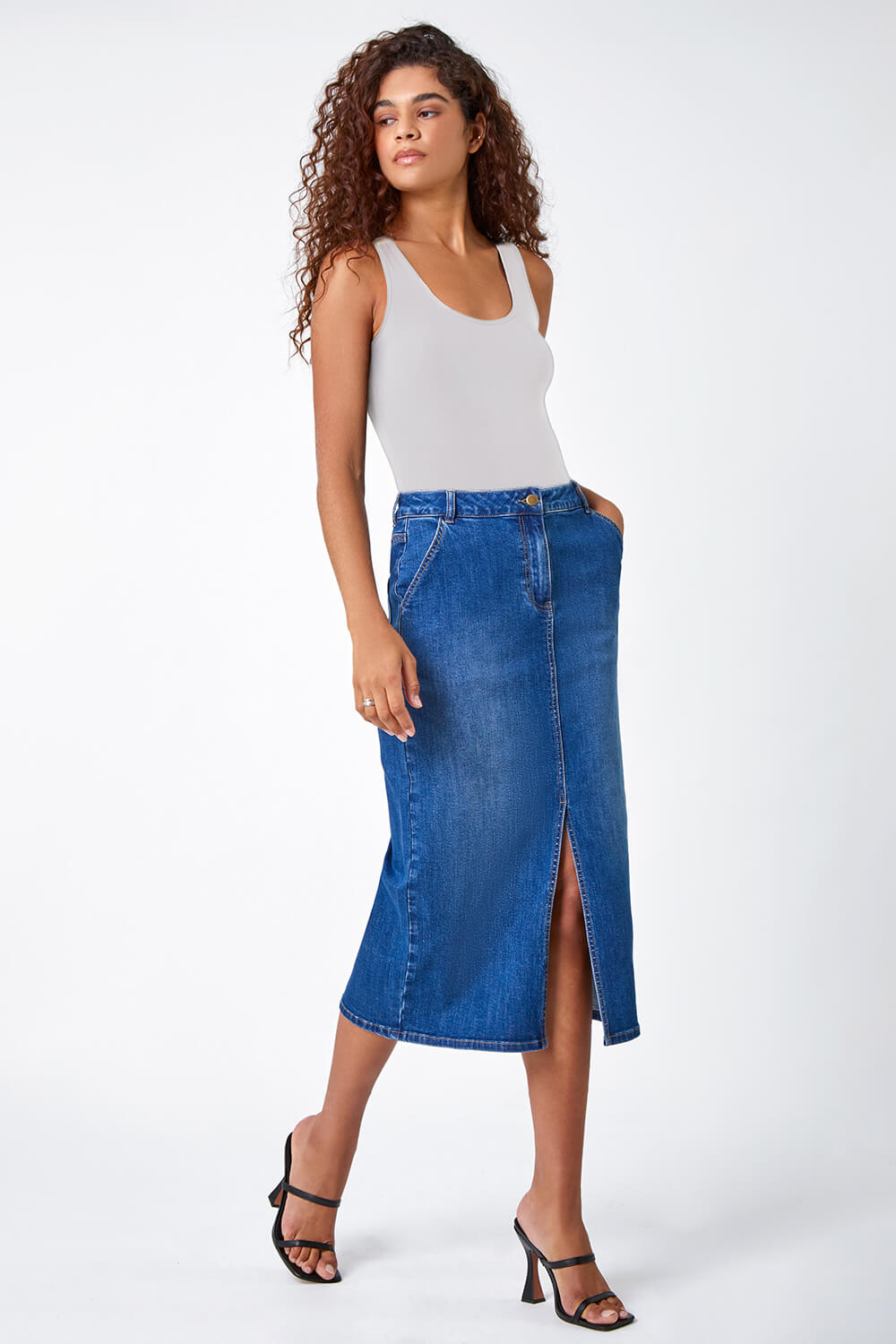 Blue Cotton Blend Denim Stretch Split Midi Skirt, Image 3 of 6