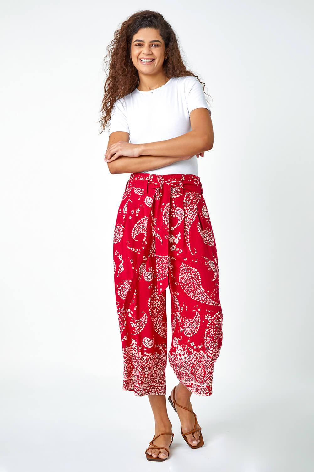 Red Paisley Print Wide Leg Cropped Trousers, Image 2 of 5