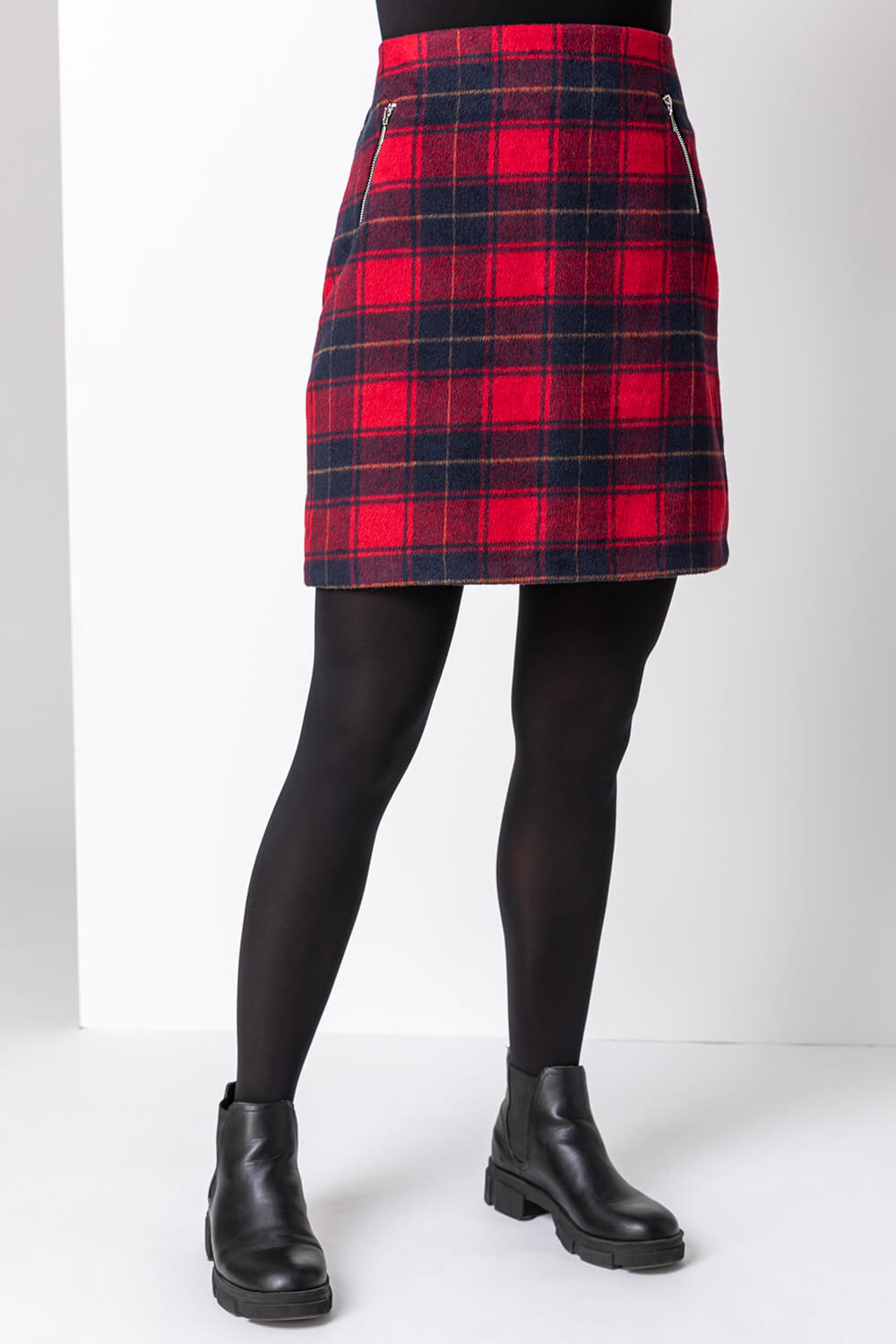 Checked Zip Detail Brushed Skirt