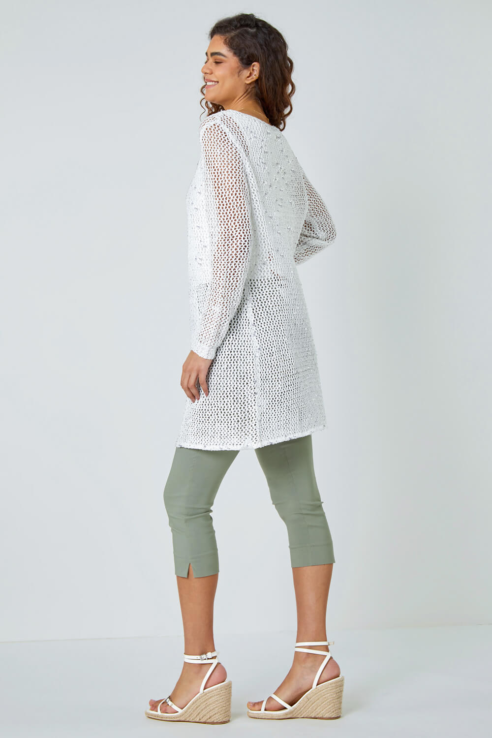 White Sequin Knit Longline Cardigan, Image 3 of 5