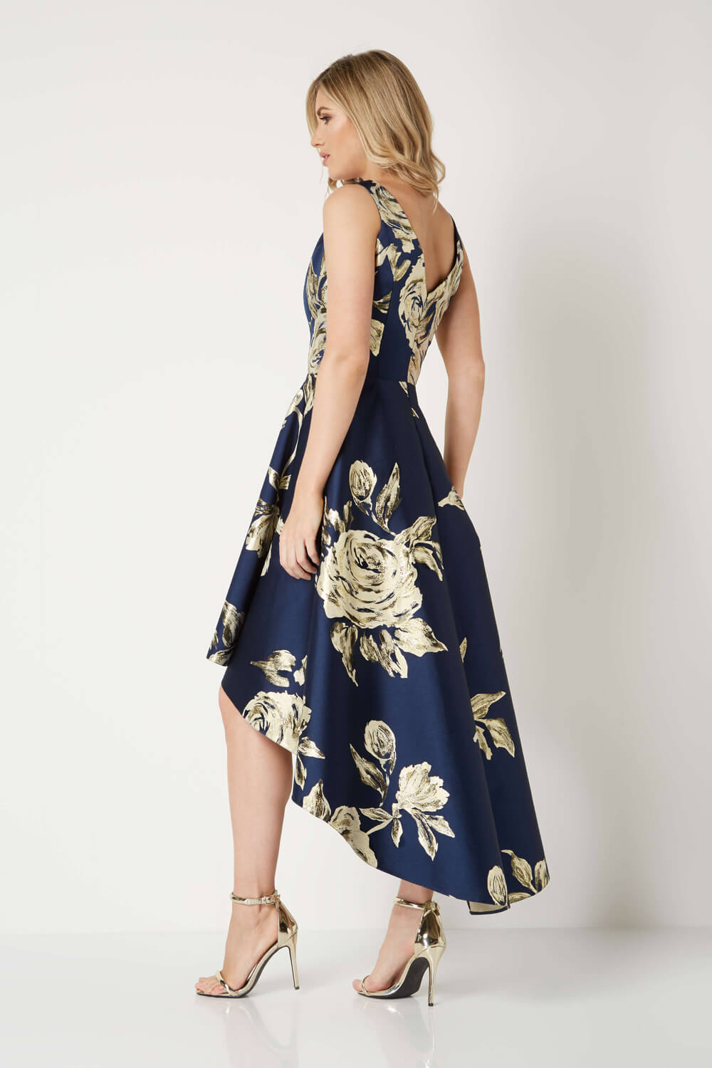 Navy  Gold Jacquard Rose Gown Dress, Image 2 of 3