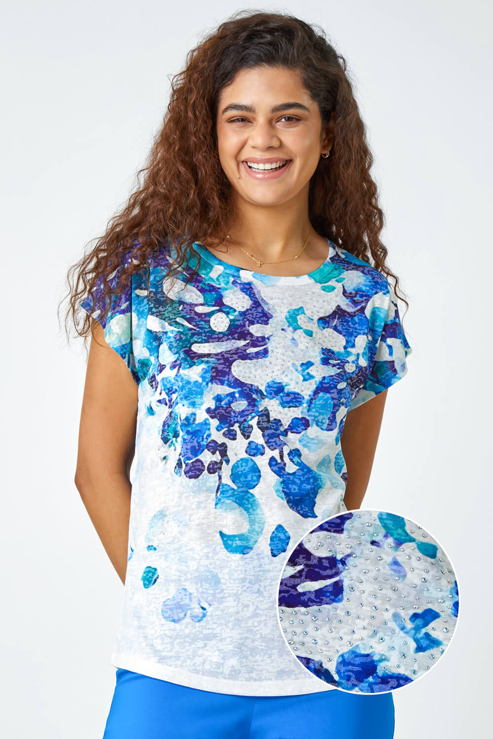 Blue Abstract Hotfix Embellished Stretch T-Shirt, Image 4 of 5
