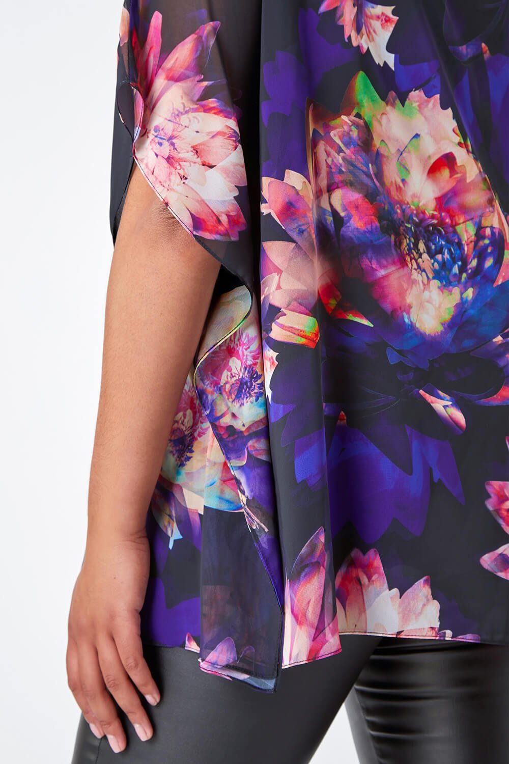 Black Curve Floral Print Chiffon Overlay Top, Image 5 of 5