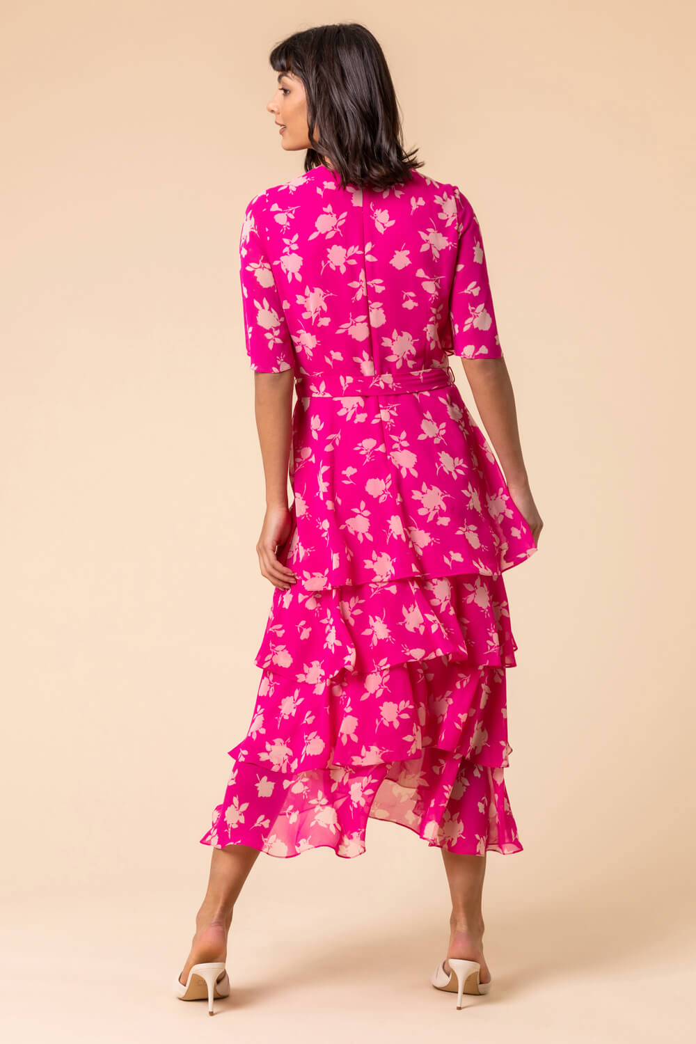 PINK Floral Print Tiered Frill Midi Dress, Image 2 of 5