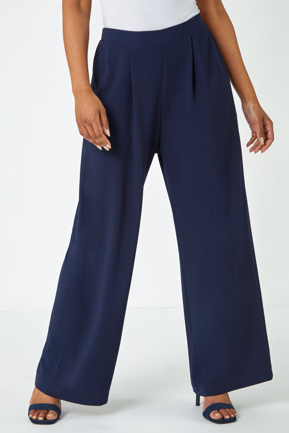 Navy  Petite Wide Leg Stretch Trousers, Image 2 of 6