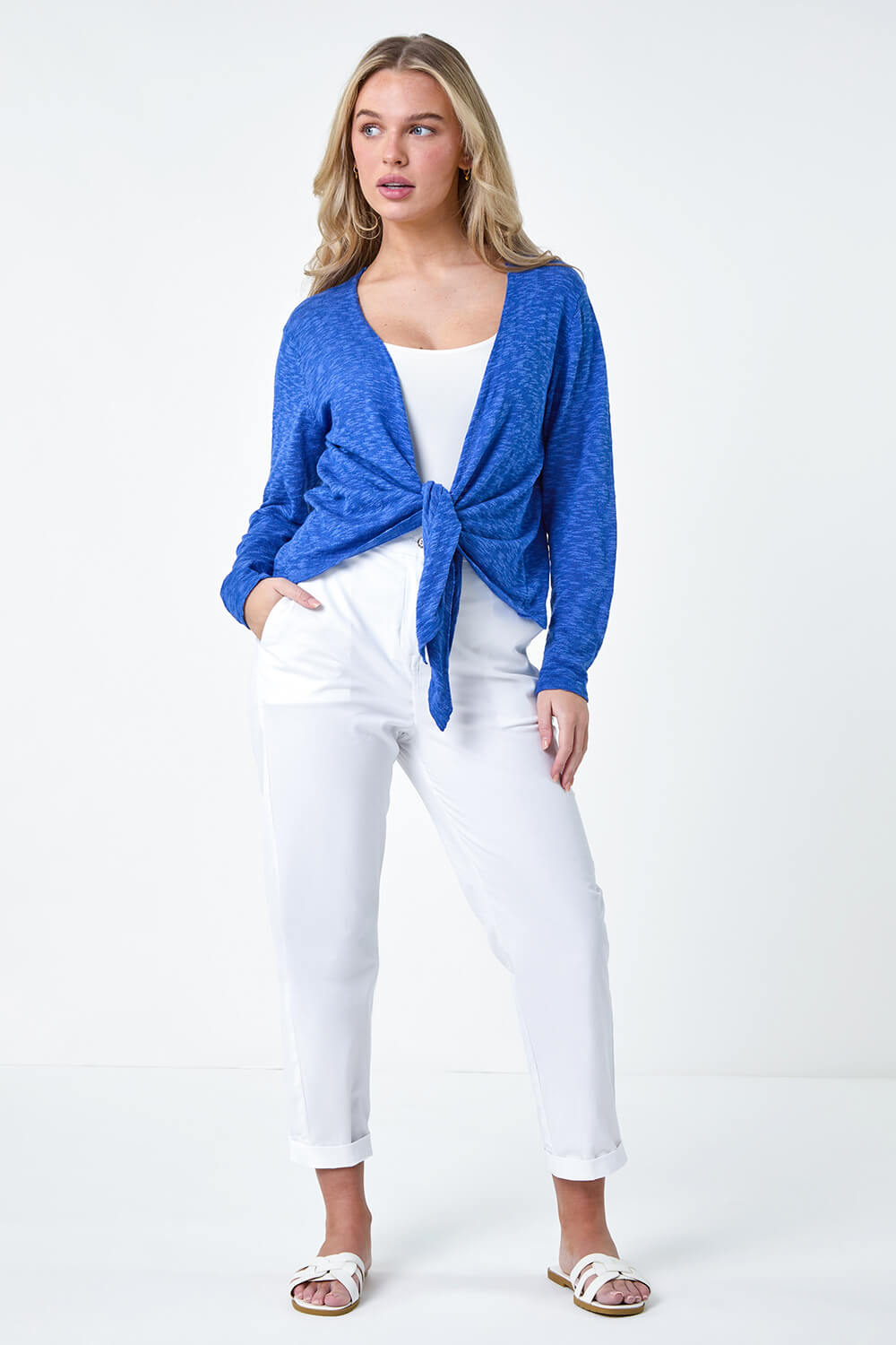 Royal Blue Petite Waterfall Front Cotton Knit Cardigan, Image 2 of 5