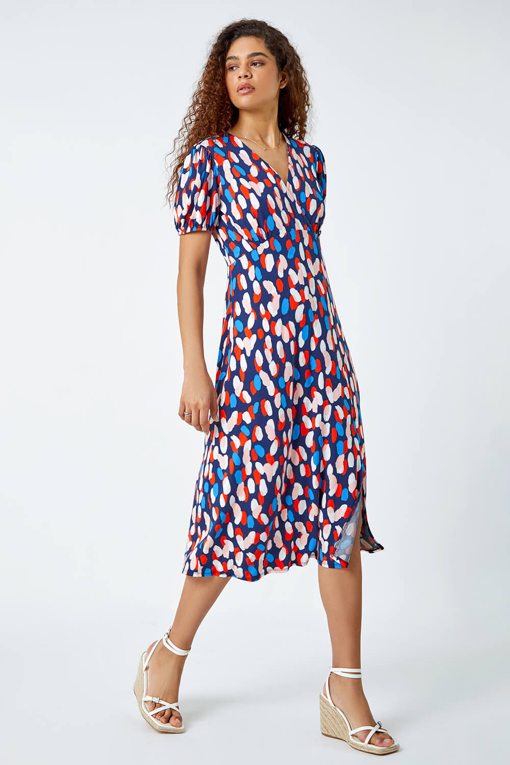 Red Abstract Spot Stretch Midi Dress, Image 2 of 5