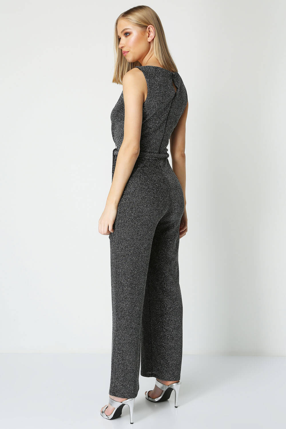 Silver Belted Glitter Jumpsuit, Image 2 of 4