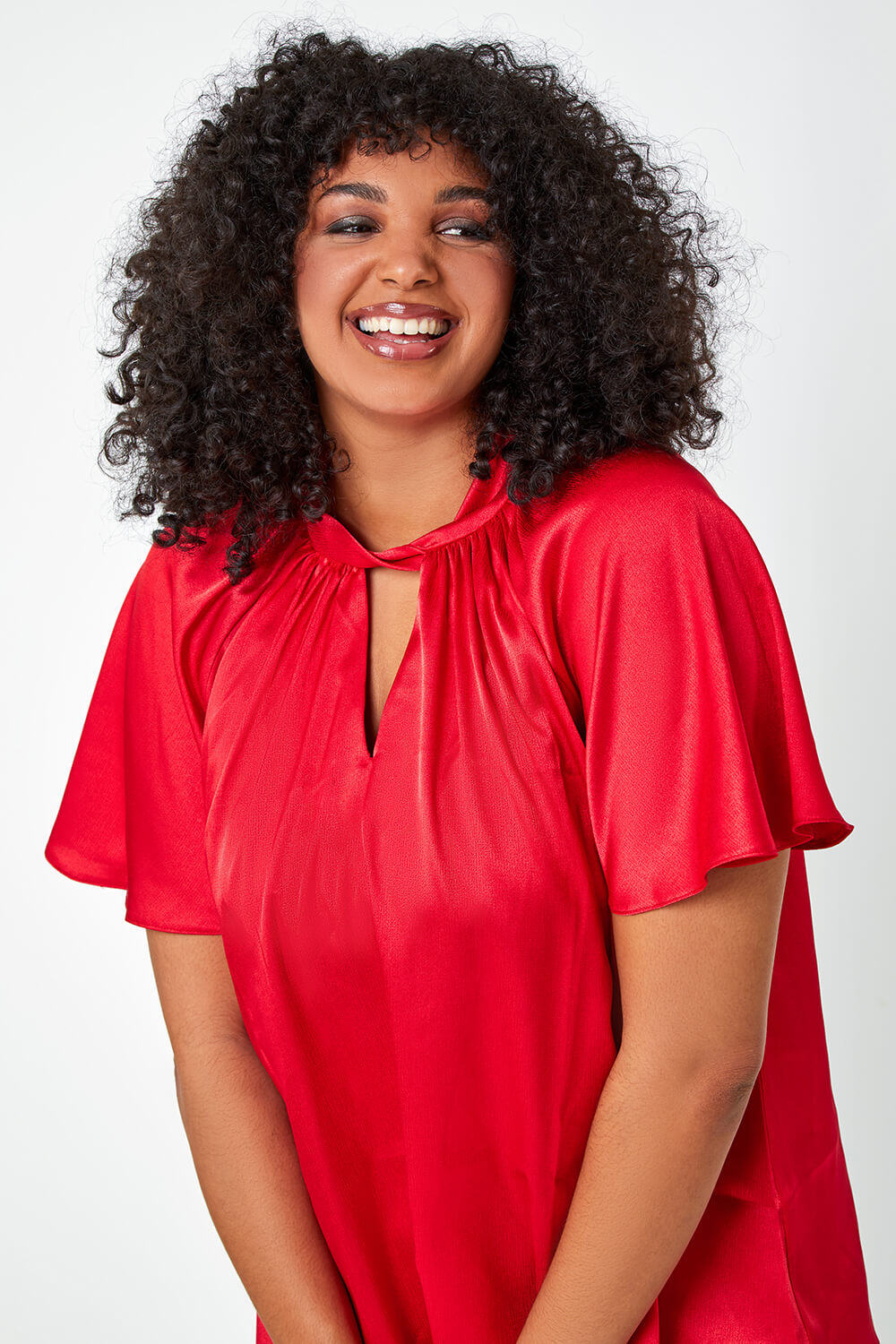 Red Curve Twist Neck Satin Top, Image 4 of 5