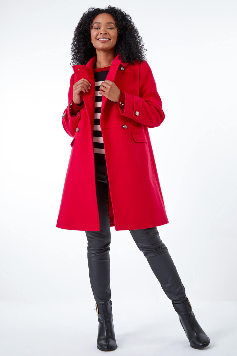 Red Petite Double Breasted Military Coat, Image 2 of 5