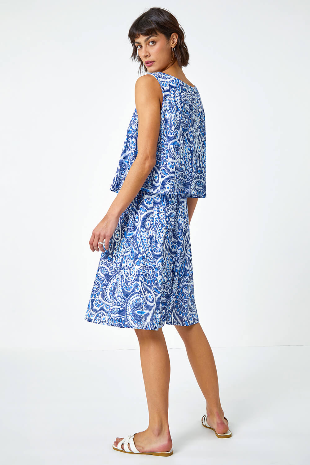 Blue Sleeveless Paisley Print Overlay Dress, Image 3 of 5