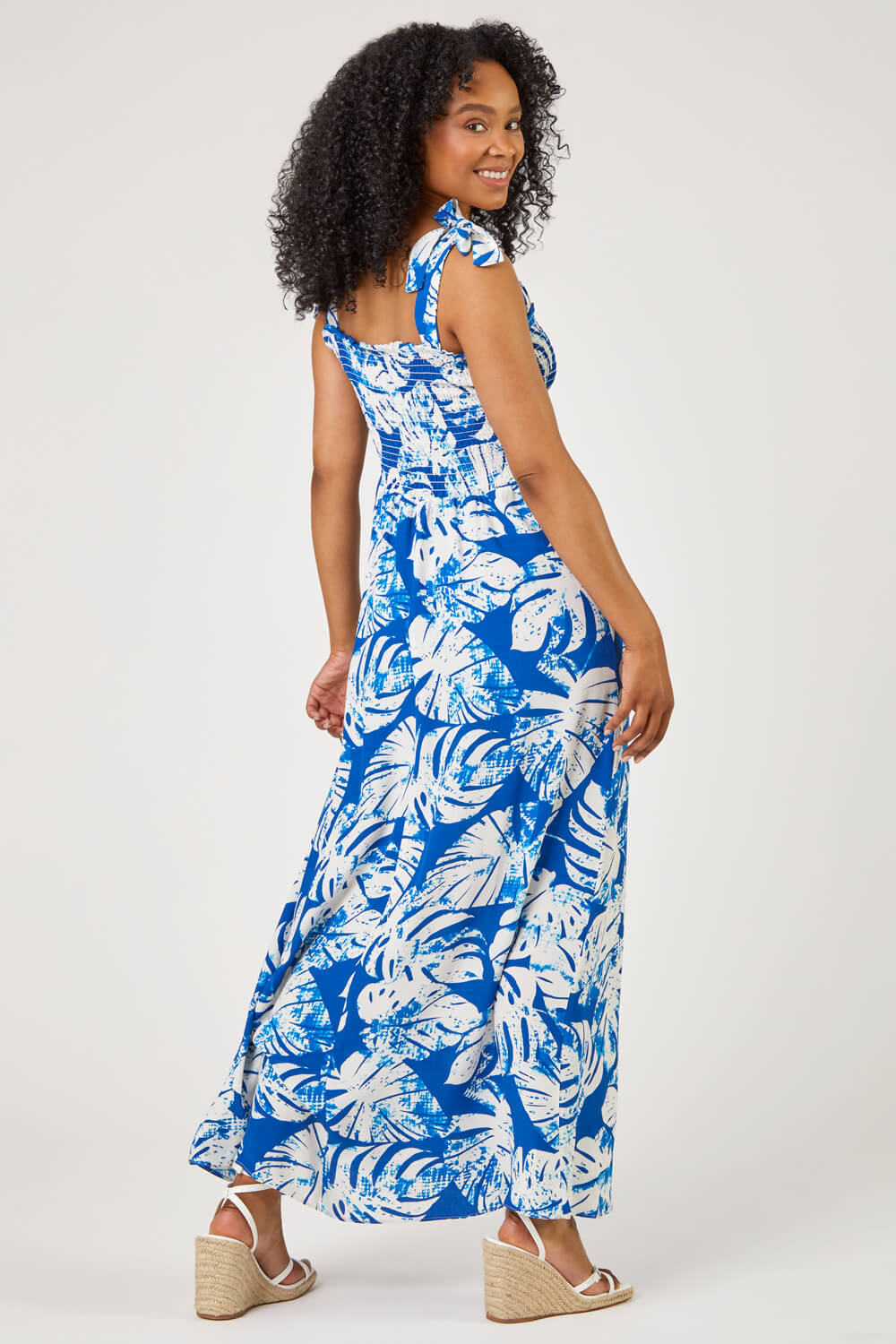 Blue Petite Tropical Print Shirred Maxi Dress , Image 2 of 5