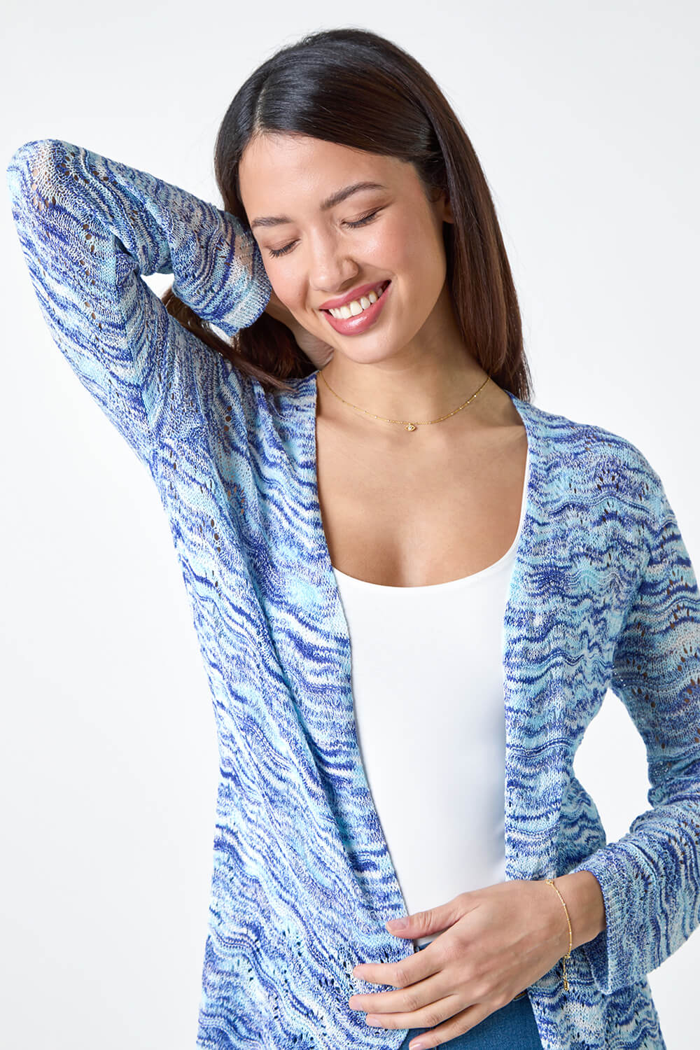 Blue Wave Print Pointelle Knit Cardigan, Image 4 of 5