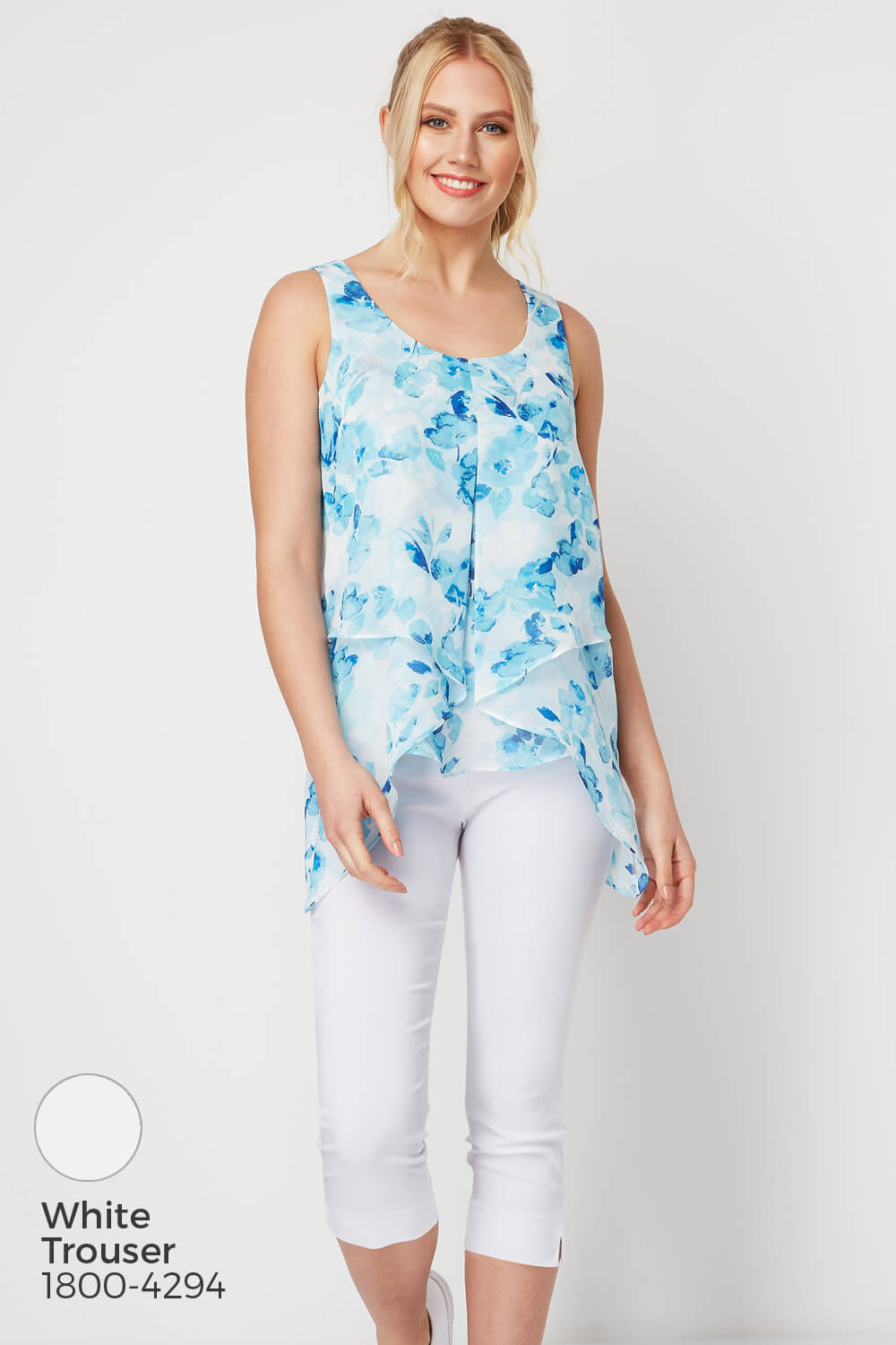 Blue Floral Print Asymmetric Chiffon Vest Top, Image 5 of 8