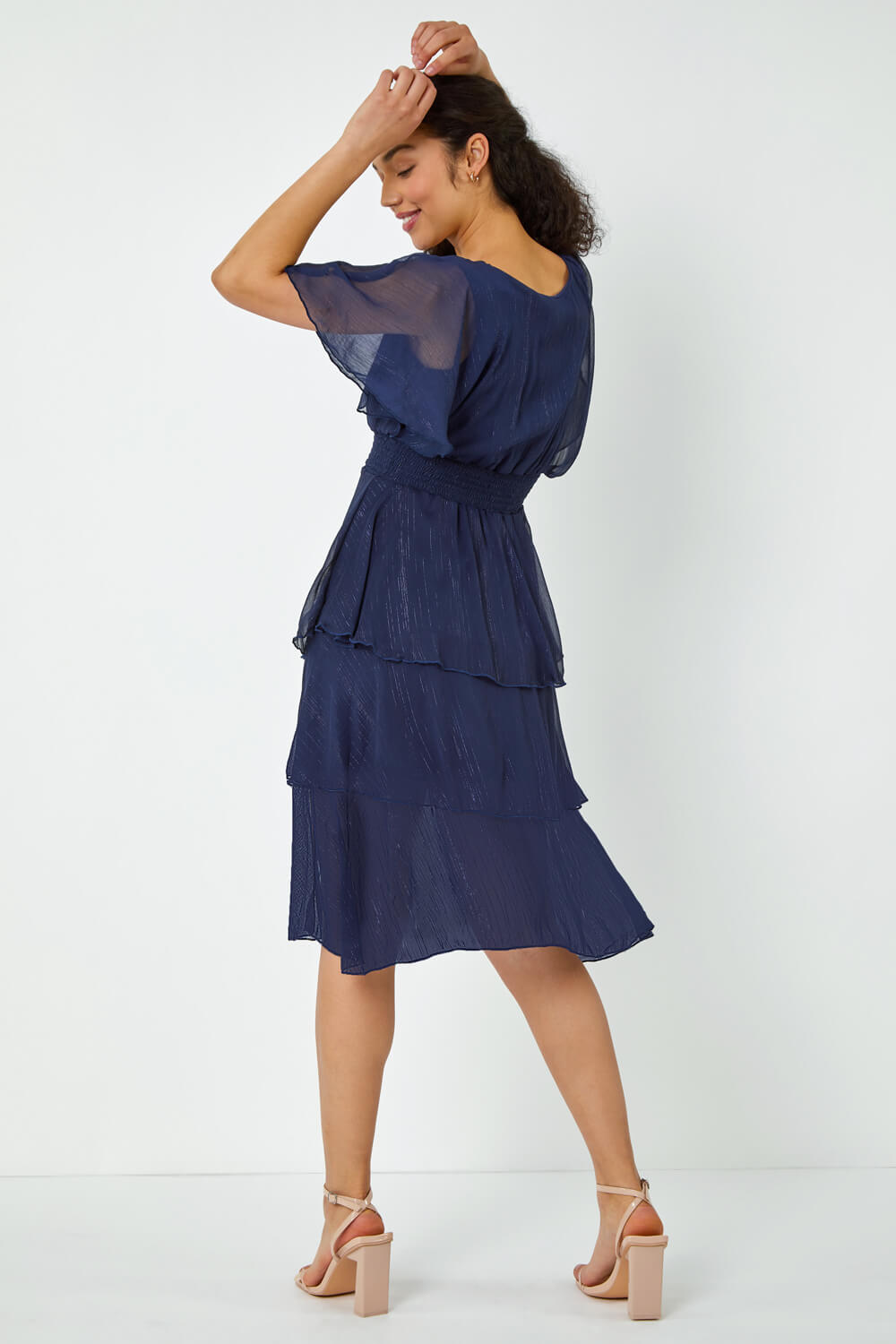 Navy  Shimmer Chiffon Tiered Wrap Dress, Image 3 of 5