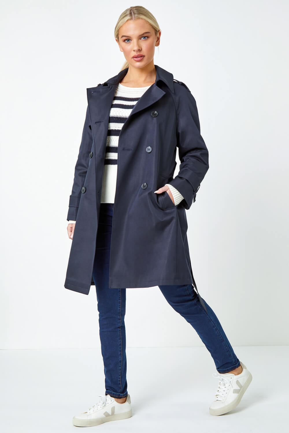 Navy  Petite Double Breasted Trench Coat, Image 2 of 5