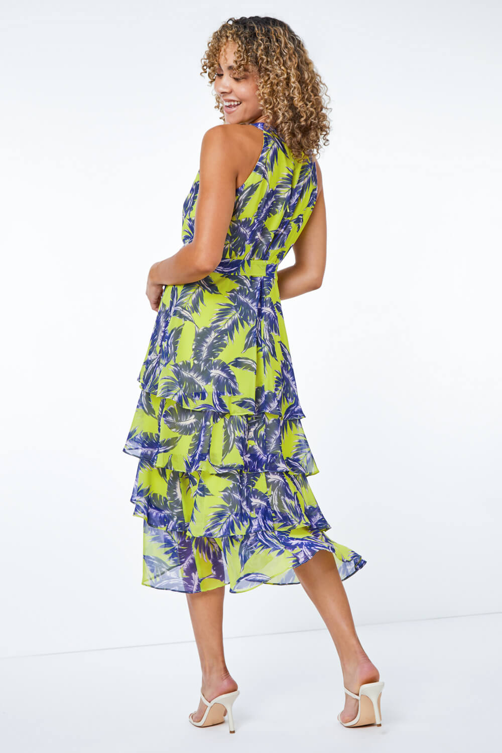 Petite Tiered Tropical Print Midi Dress in Lime | Roman UK