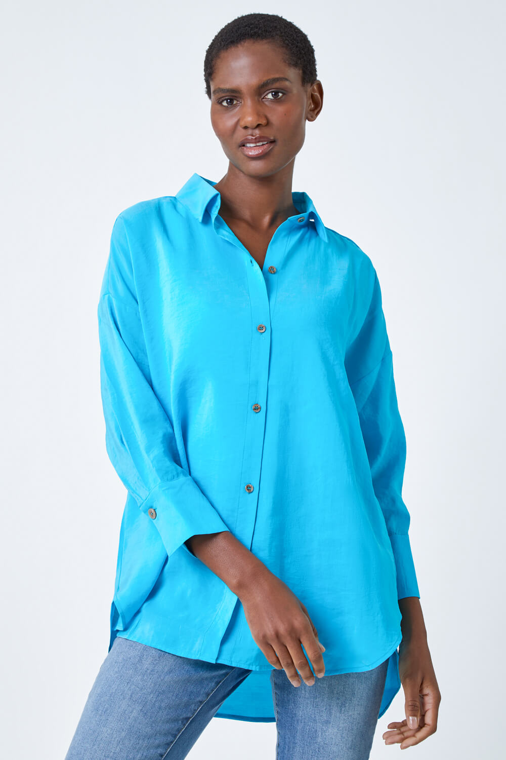 Turquoise Oversized Longline Shirt, Image 4 of 5