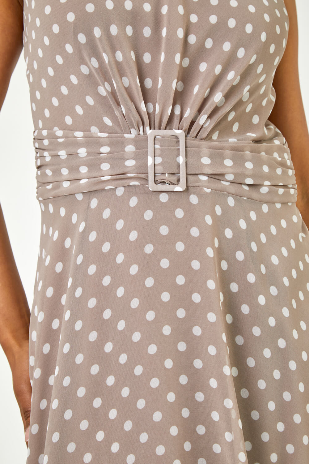 Taupe Petite Spot Print Buckle Detail Chiffon Dress, Image 5 of 5