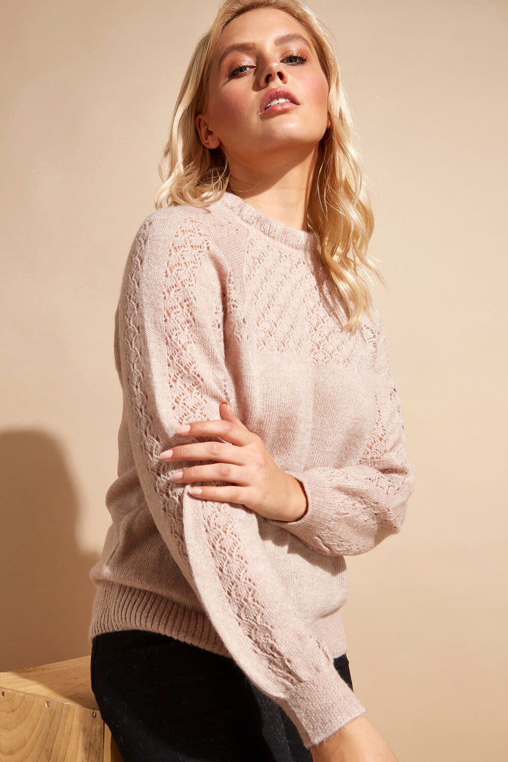 Frill Neck Pointelle Knitted Jumper