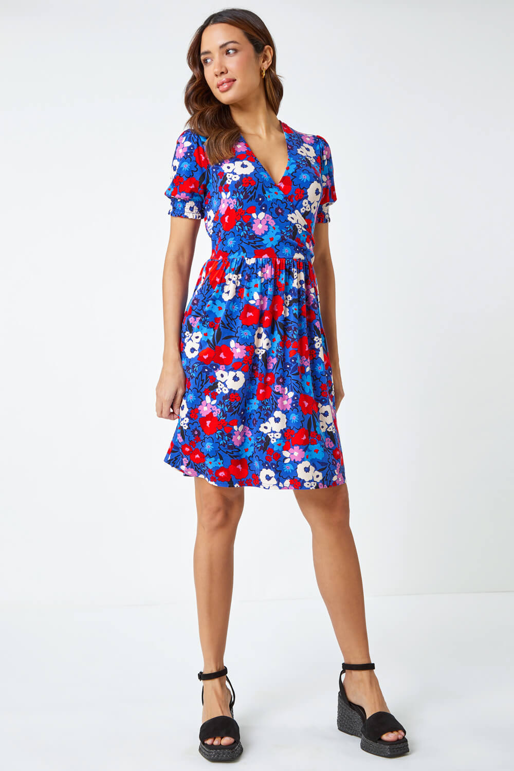 Blue Floral Frill Sleeve Wrap Dress , Image 2 of 5