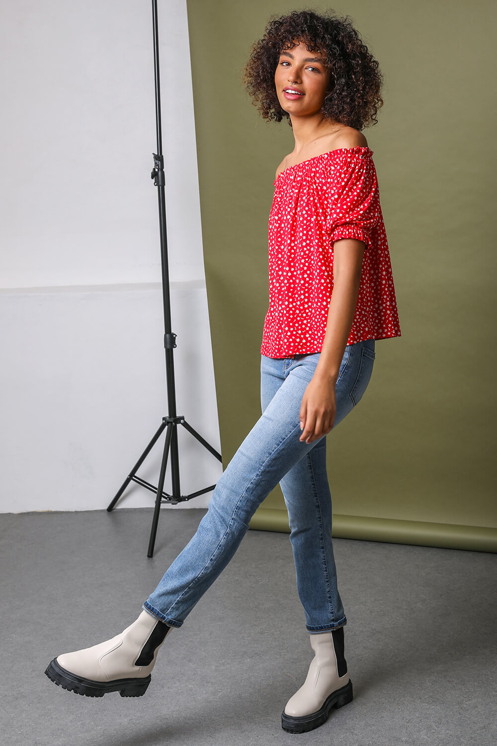 Red Ditsy Floral Print Bardot Top , Image 4 of 4