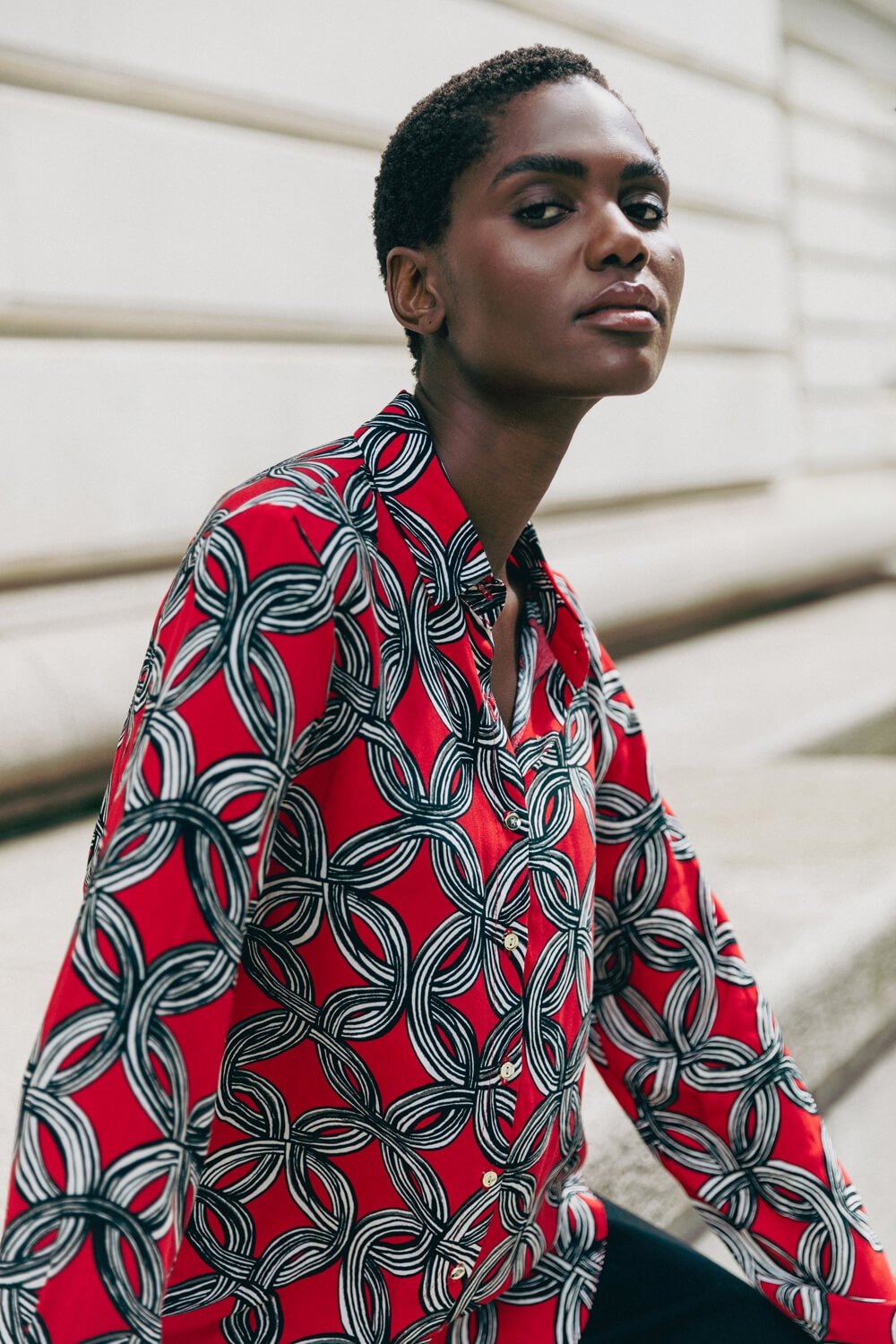 Red Geometric Print Button Blouse , Image 4 of 6