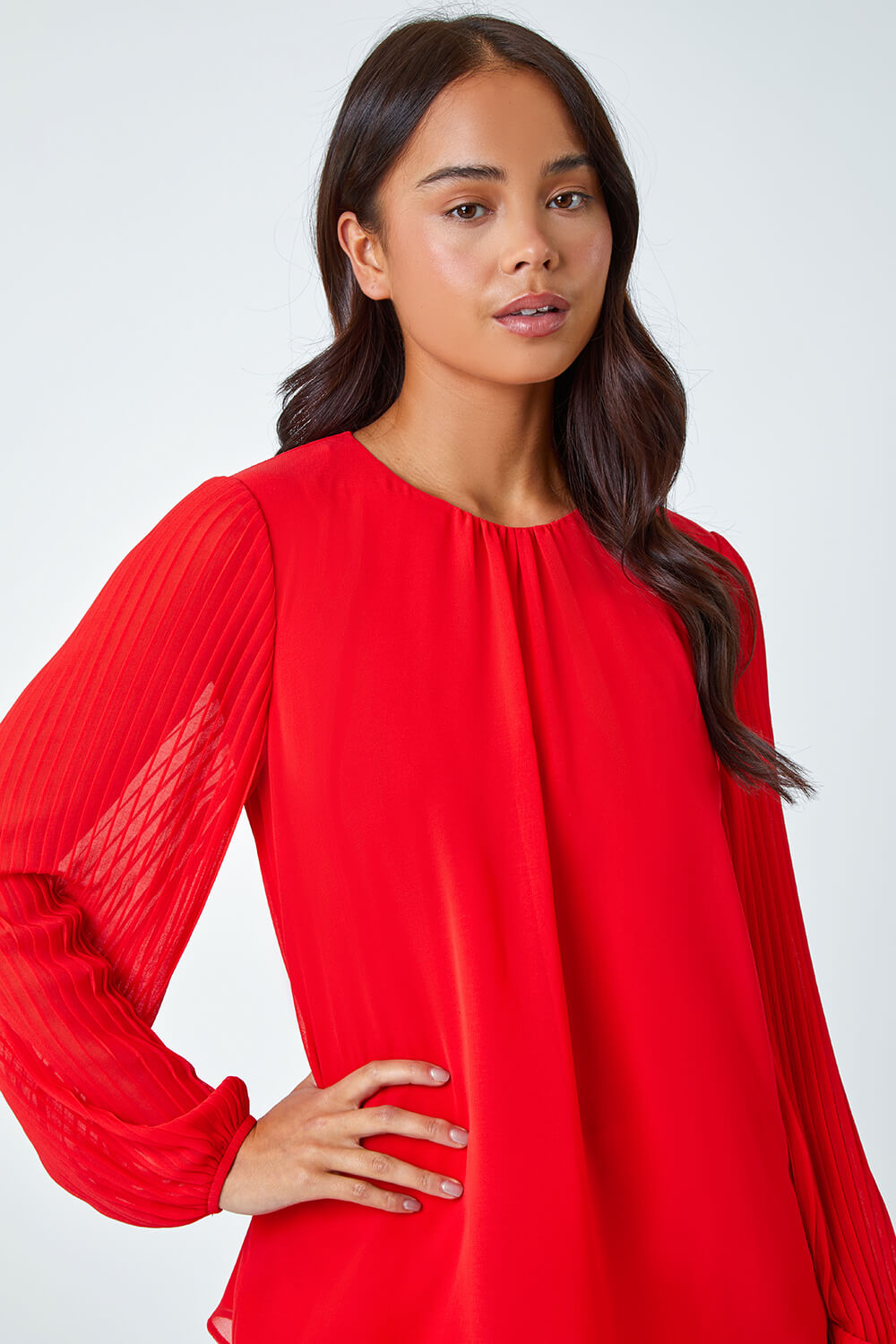 Red Petite Pleated Sleeve Gathered Top, Image 3 of 5