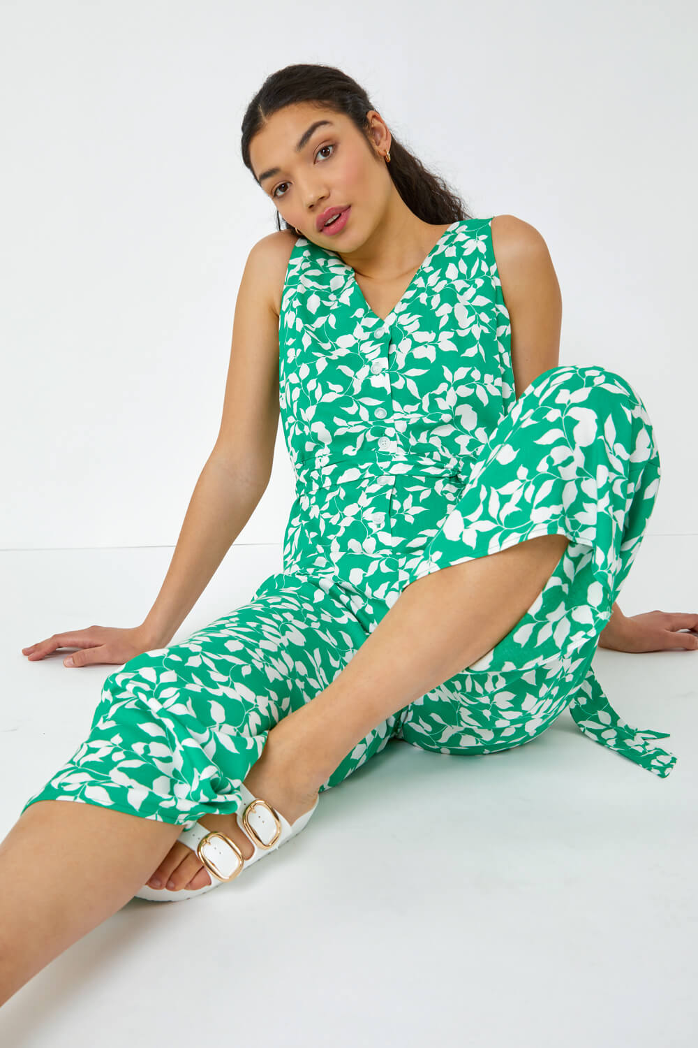 Green Sleeveless Leaf Print Button Jumpsuit, Image 2 of 5